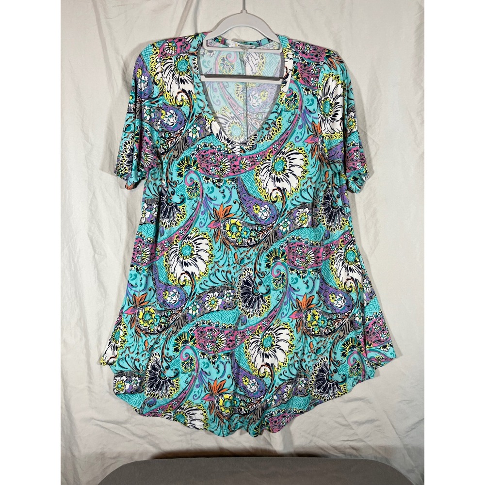 The‎ ZigZag Stripe Womens Turquoise Paisley V Neck Short Sleeve Tunic Top Shirt
